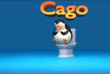 a cartoon penguin sits on a toilet with the word cago above it