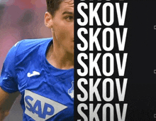 a soccer player wearing a blue shirt that says sap on it