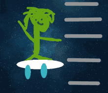 a drawing of a green stick figure with dreadlocks flying in space