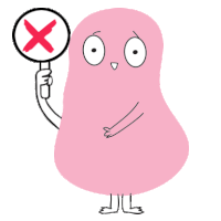 a pink cartoon character is holding up a sign with a red cross on it