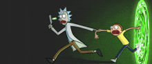 a cartoon of rick and morty running through a portal with rick holding morty 's hand