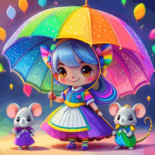 a little girl holding a rainbow colored umbrella with two mice standing behind her