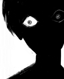 a black and white drawing of a person 's face with a large eye .