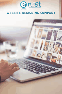 a person is typing on a laptop with a nest website designing company logo behind them