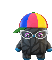 a toy with glasses and a colorful hat on