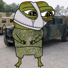 a frog with a bandage on his head is standing in front of a military vehicle with the license plate bt249nv