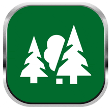 a green button with a white icon of three trees