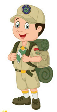 a boy scout with a backpack and sleeping bags