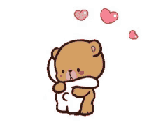 a brown teddy bear is hugging a white teddy bear with hearts flying around it .