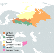 a map showing northern cossackia southern cossackia russiak eastern cossackia salastia overseas territory