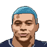 a pixel art of a man 's face with blue hair