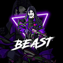 a cartoon of a man with a mask holding a gun and the word beast on the bottom