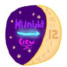 a cartoon drawing of a crescent moon with the words midnight crew on it