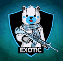 a polar bear holding a gun with the word exotic below him