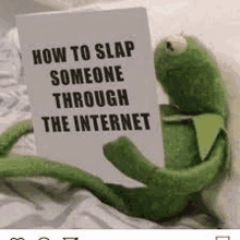 kermit the frog is holding a sign that says how to slap someone through the internet .