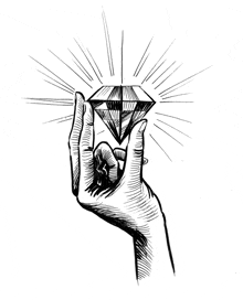 a black and white drawing of a hand holding a large diamond