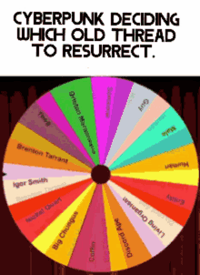 a colorful spinning wheel says cyberpunk deciding which old thread to resurrect