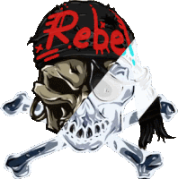 a skull and crossbones with the word rebel written on it