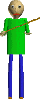 a pixel art of a man in a green shirt and blue pants is holding a stick .