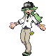 a pixel art of a man with green hair wearing a hat and pants .