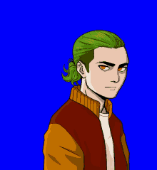 a cartoon drawing of a man with green hair