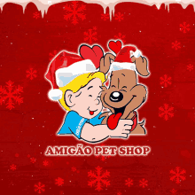 a cartoon of a boy hugging a dog that is wearing a santa hat and says amigo pet shop