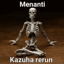 a skeleton is sitting in a lotus position on a brown surface with a meme .