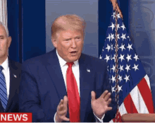 a man in a suit and tie stands in front of an american flag with the word news on the bottom