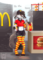 a furry character standing in front of a mcdonald 's holding a bag