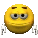 a close up of a yellow smiley face with a serious expression and arms .