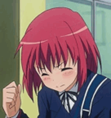 a girl with red hair is wearing a school uniform and making a funny face .