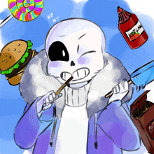 a cartoon drawing of a skeleton holding a hamburger and ketchup