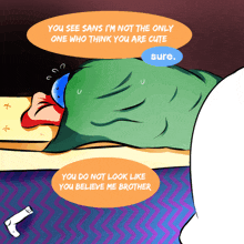 a cartoon of a person laying on a bed with a green blanket and a blue bubble that says " sure "