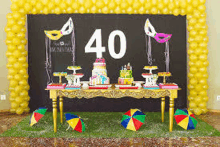 a table decorated for a 40th birthday with balloons and masks