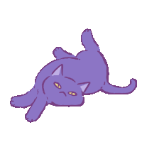 a purple cat with yellow eyes is laying on its back on a white background