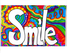 a colorful drawing with the word smile in white letters