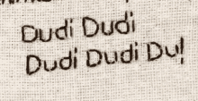 a close up of a piece of fabric that says dudi dudi dudi du