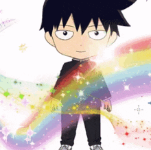 a cartoon of a boy with a rainbow behind him