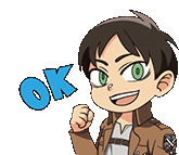 a cartoon of eren from attack on titan is holding his fist up and says ok .