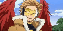 hawks from my hero academia wearing headphones and a mask with red wings .