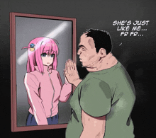 a man looks at a girl in a mirror and says she 's just like me