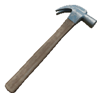 a hammer with a wooden handle and a blue head