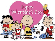 a group of peanuts characters standing next to each other holding hearts in front of a heart .