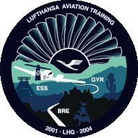 a logo for lufthansa aviation training with a plane and mountains