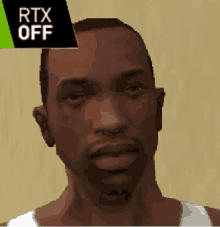 a close up of a man 's face with rtx off written on the bottom