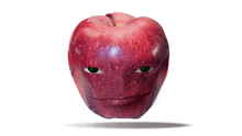 a red apple with green eyes and a face on it