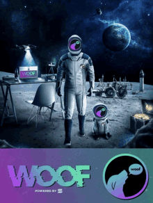 an advertisement for woof shows a man in a space suit and a dog on the moon