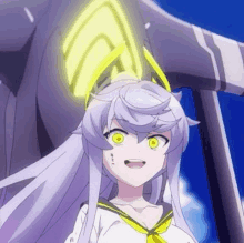 a girl with long gray hair and yellow eyes is standing in front of a large object .