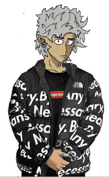 a cartoon character is wearing a supreme jacket and a t-shirt .