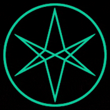 a green star is in a circle on a black background